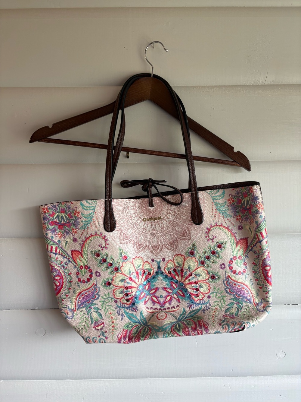 Desigual Reversible Floral Mandala Tote Bag Boho Shopper Purse Sequins  Pink